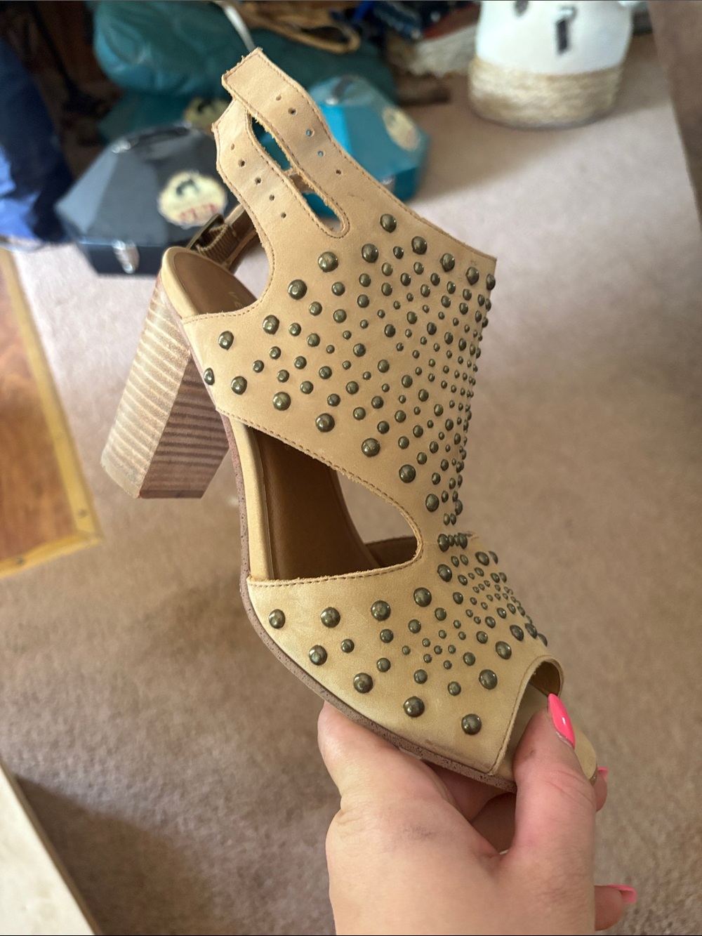 Very Volatile Studded Tan Open-Toe Block Heel Sandal